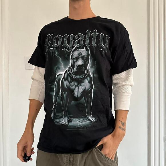 Y2K Grunge Big AOP Goth Cyber Loyalty Dog Graphic Tee Shirt - Picture 5 of 5